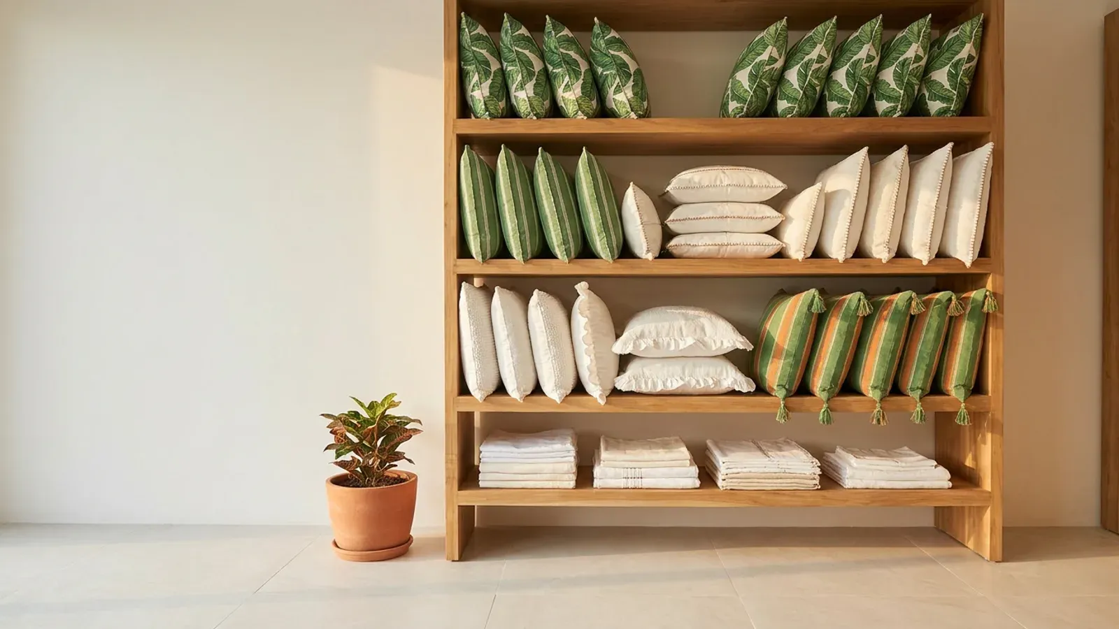 Repisas del showroom con cojines verdes y blancos junto a ropa de cama doblada.