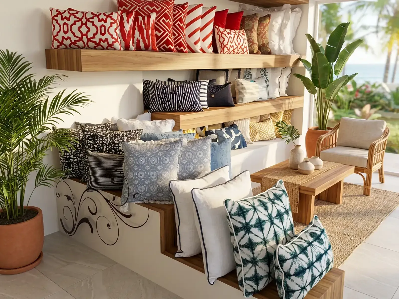 Cojines decorativos con telas estampadas y lisas exhibidos en las repisas del showroom.