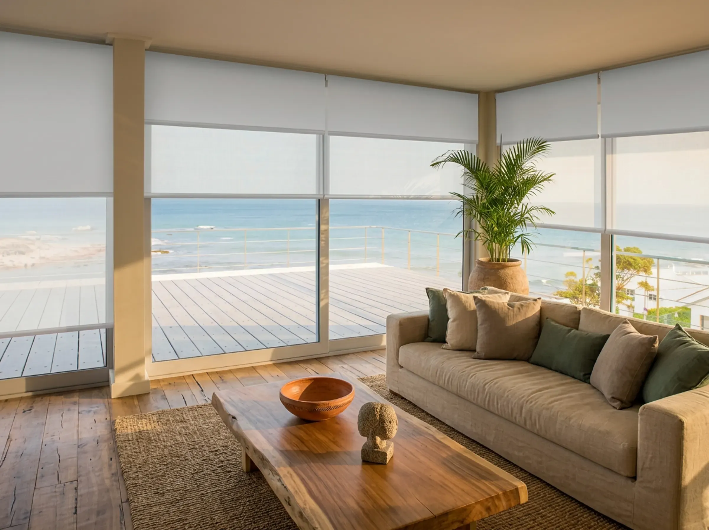 Sala con vista al mar por un ventanal corrido con roller Día y Noche, sofá de lino arena y mesa de centro de teca maciza.