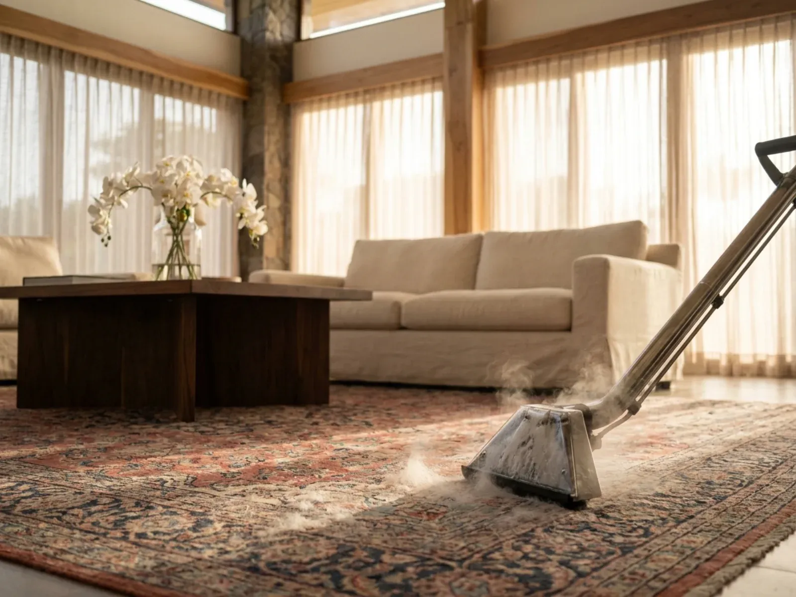 Sala con alfombra limpia y mobiliario en proyecto residencial.