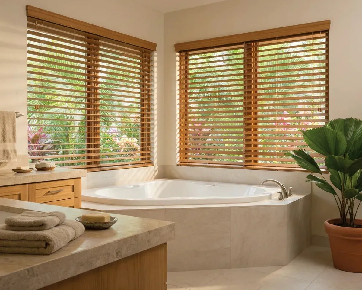 Baño con tina bajo una ventana en esquina con persianas de lamas de madera, mueble de teca clara, toallas de lino y planta en maceta de barro.