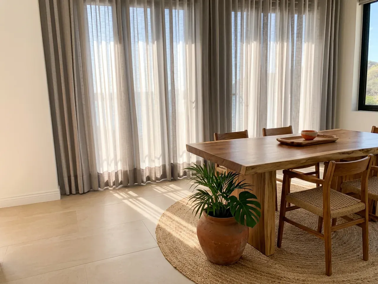 Comedor con cortinas plisadas sheer de piso a techo y cortinas grises a los lados, mesa de teca con sillas y alfombra redonda de fibra.