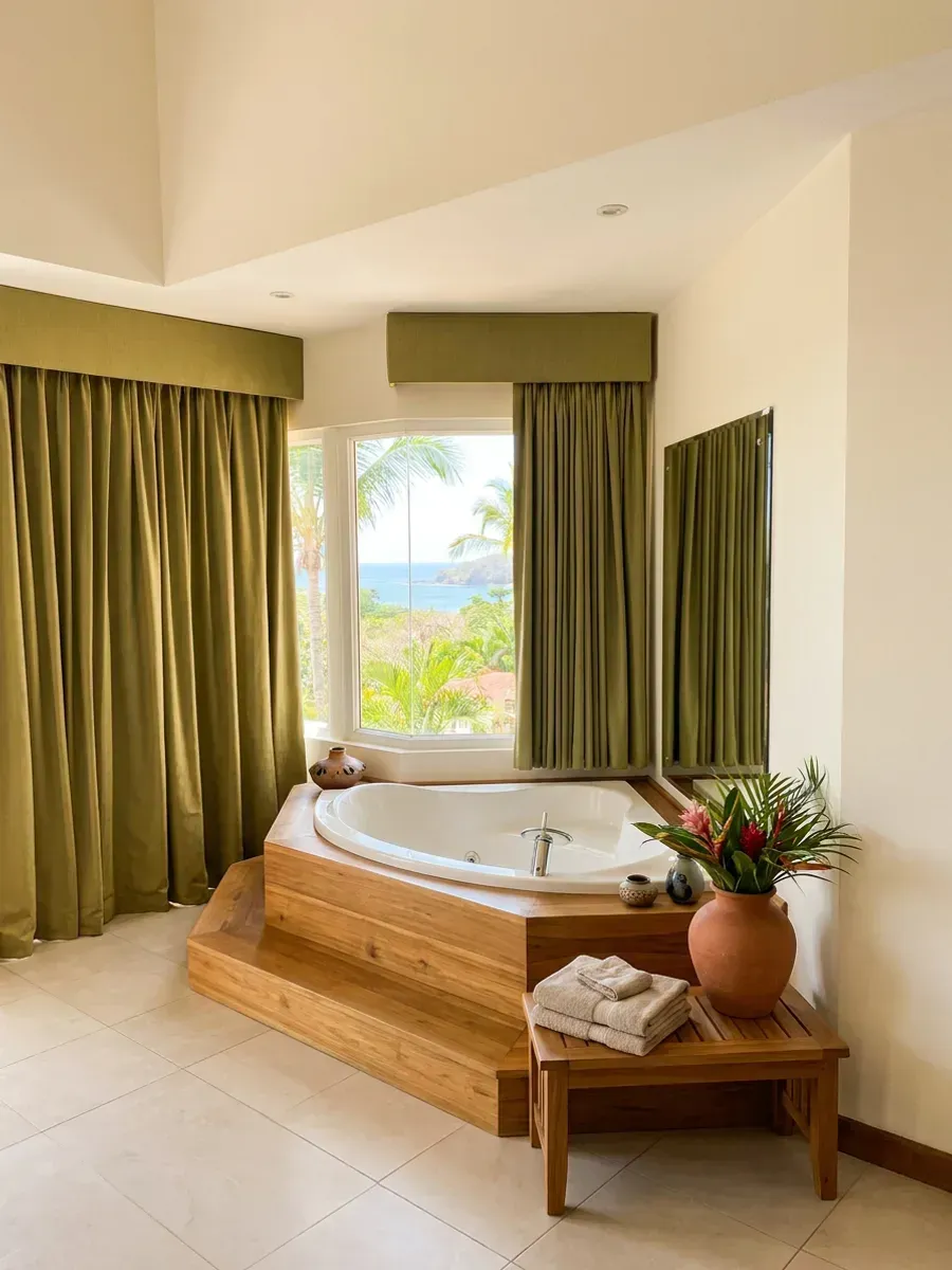 Jacuzzi en esquina con cortinas plisadas verde oliva a los lados del ventanal, plataforma de teca clara, banqueta con toallas de lino y vista al mar.