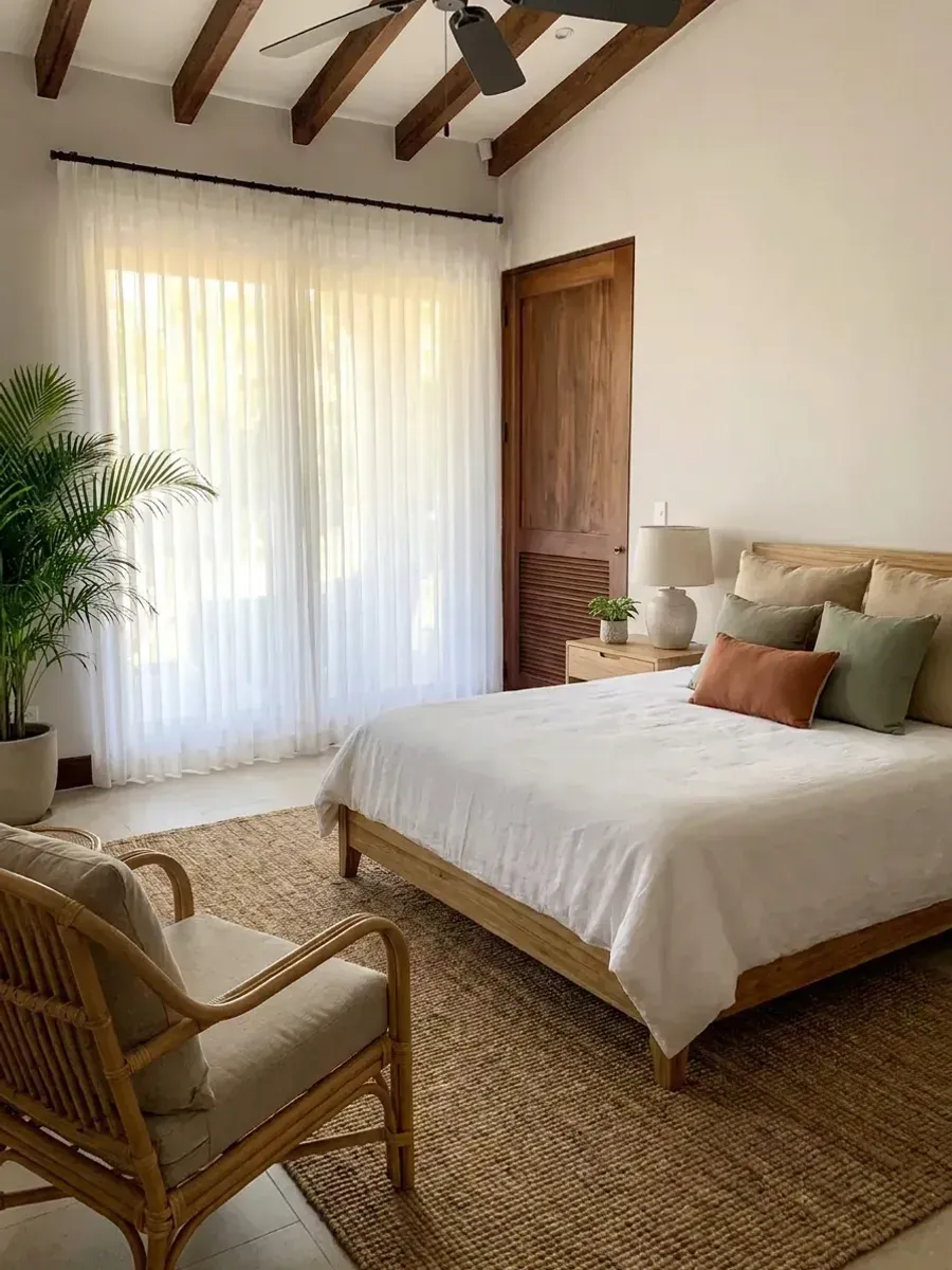 Dormitorio bajo vigas de madera con cortina plisada blanca de piso a techo, cama vestida en lino y butaca de ratán.