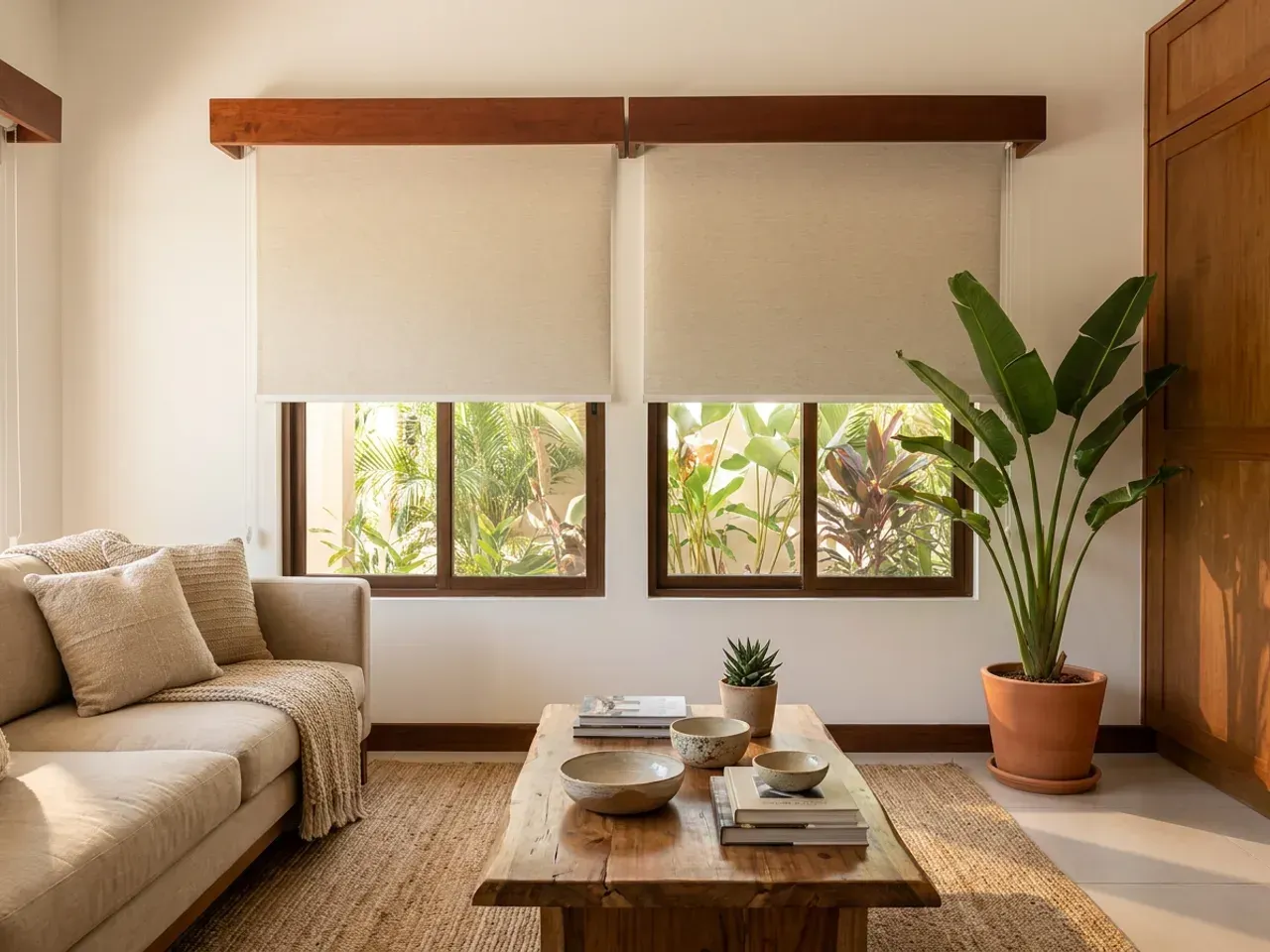 Sala con dos persianas enrollables screen crema bajo cornisas de madera oscura, sofá de lino, mesa de centro de madera maciza y alfombra de yute.