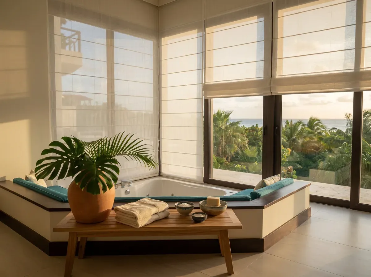Jacuzzi en esquina con cortinas romanas en los ventanales, mesa baja de teca, toallas de lino y planta en maceta de barro.