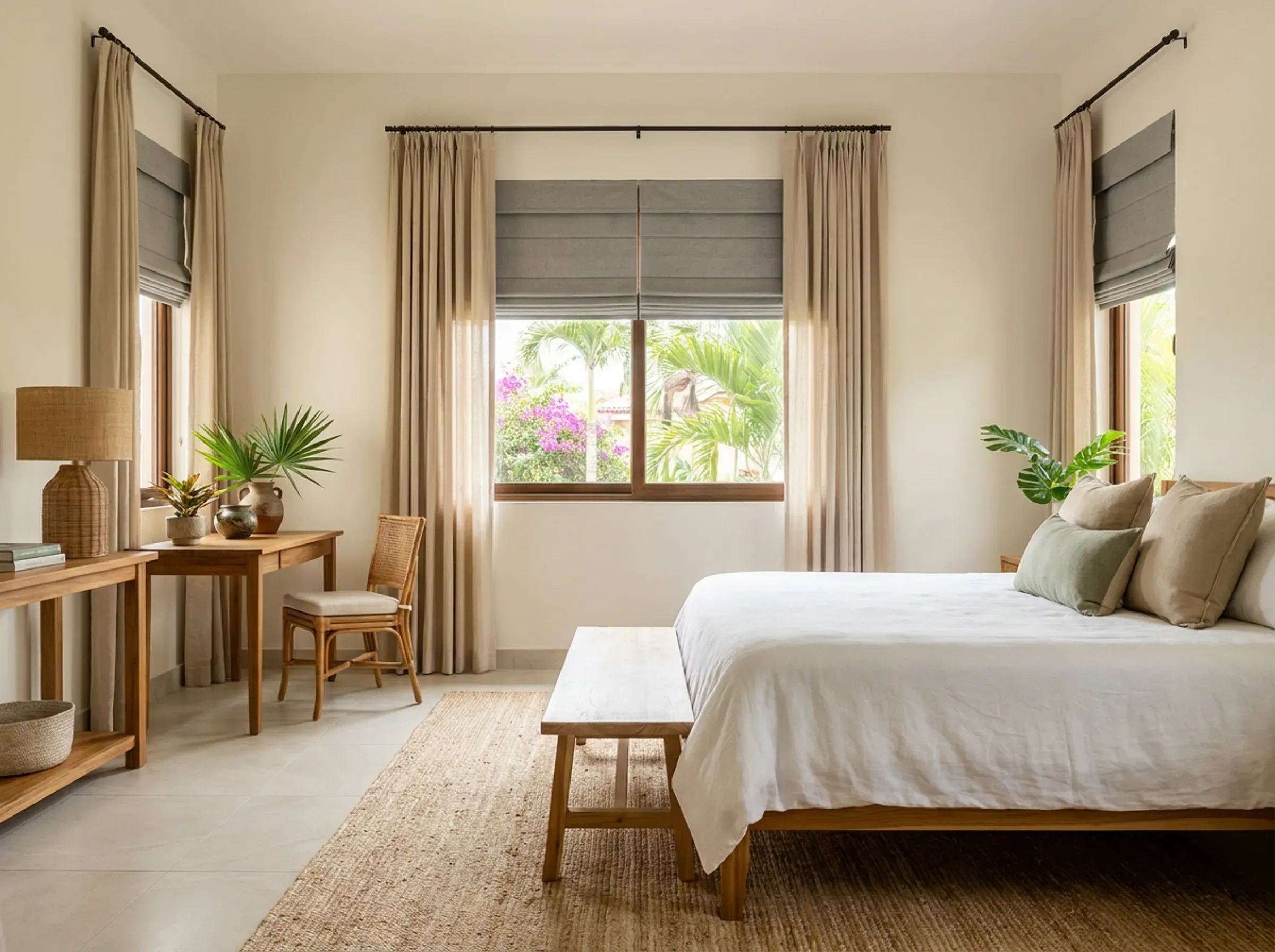 Dormitorio con cortinas romanas y paños de lino arena a los lados, cama con ropa de cama blanca, banqueta de teca y alfombra de fibra natural.
