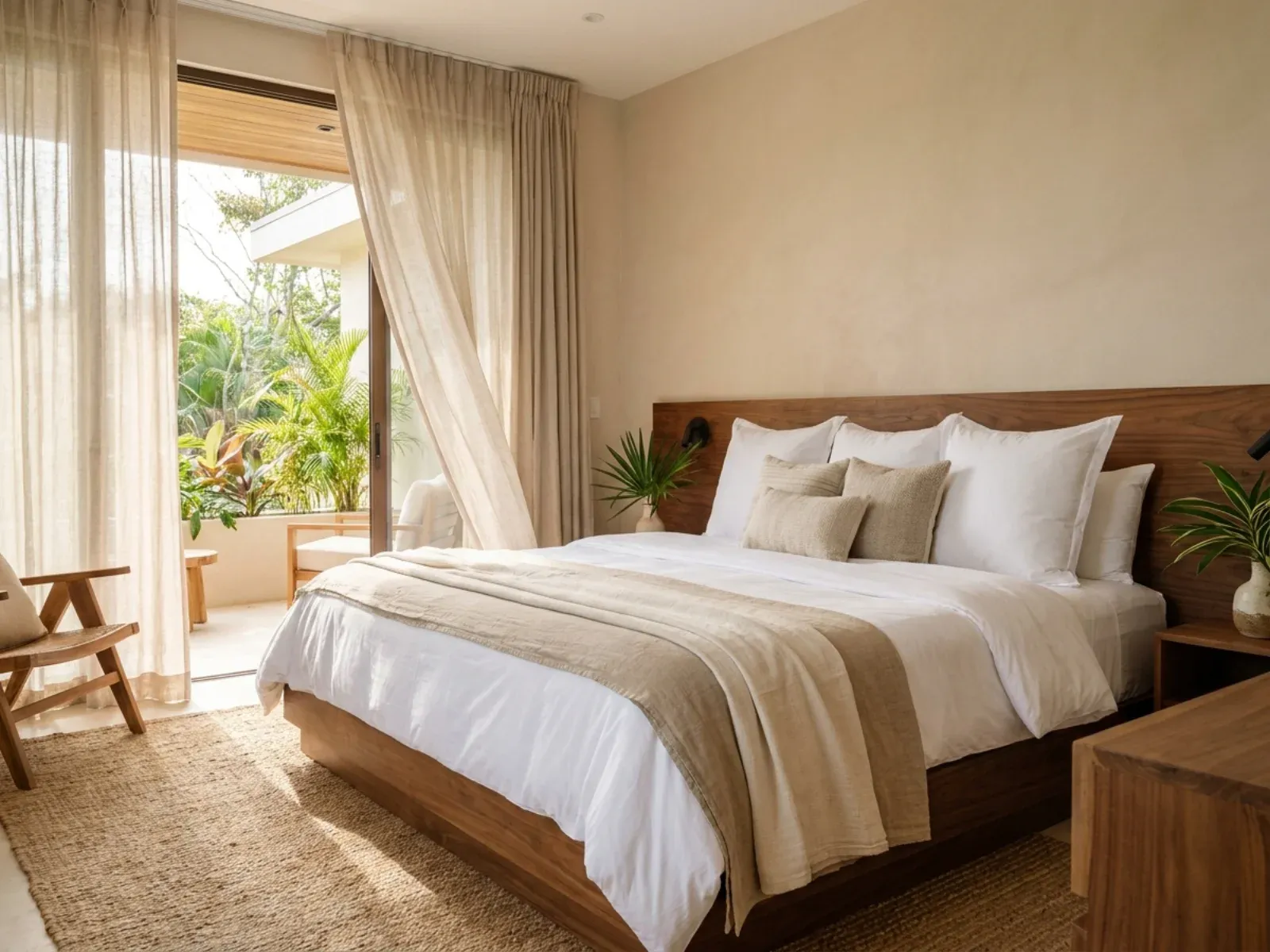Bed dressed with sheets and comforters in a bright bedroom.