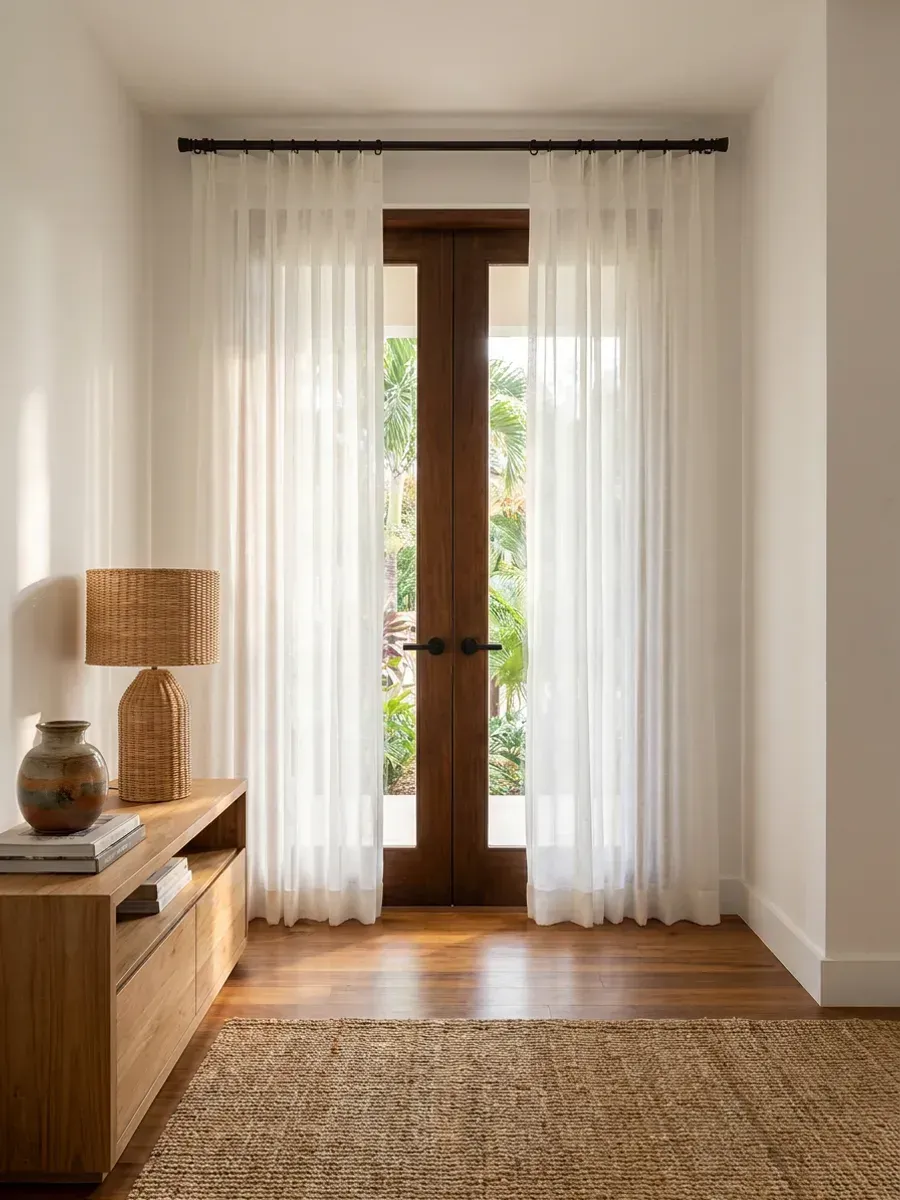 Vestíbulo con cortinas de tela blanca a los lados de una puerta doble de madera, consola baja y tapete de fibra natural.