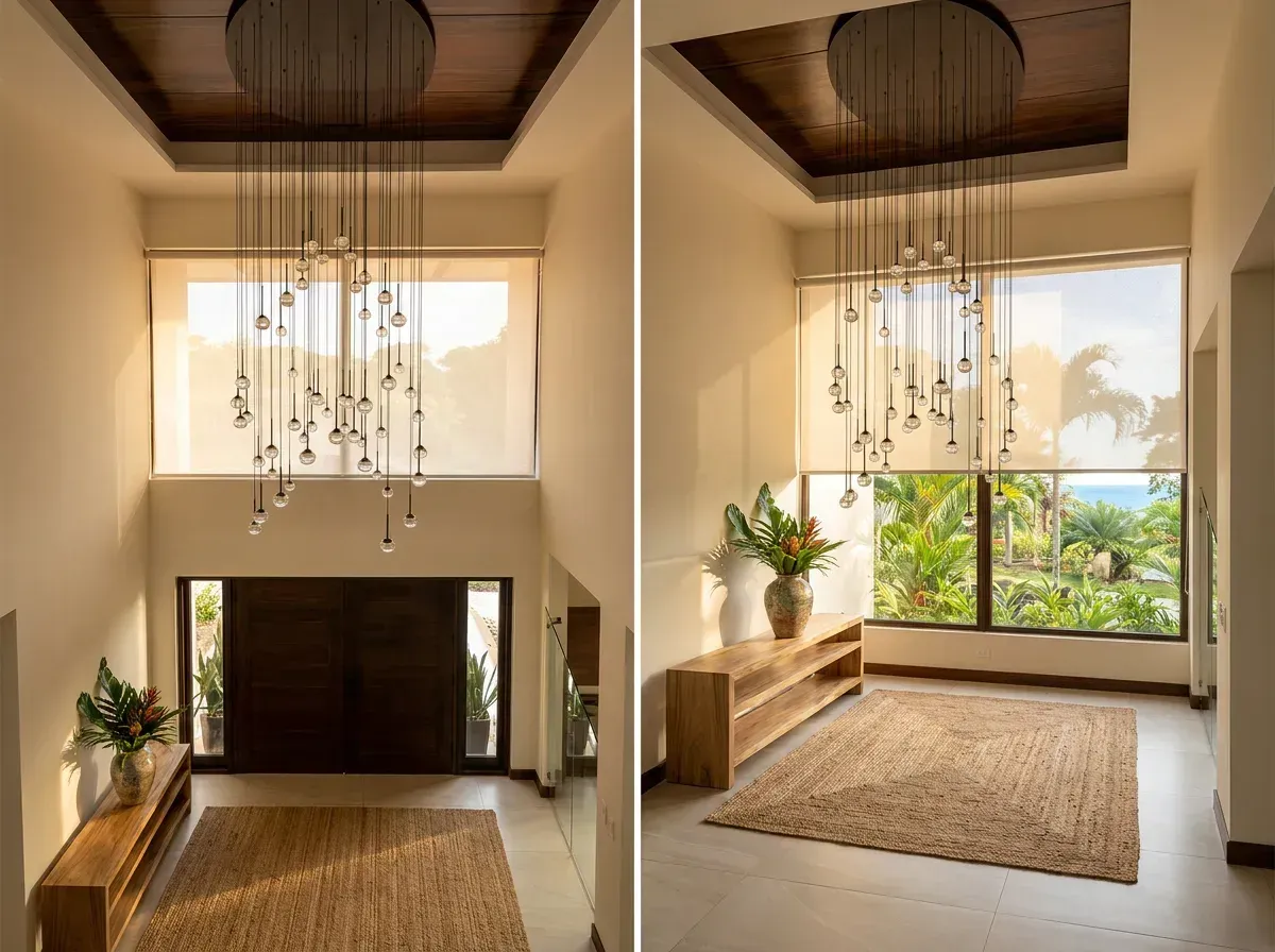 Vestíbulo de doble altura con Sun Screen en la ventana alta, lámpara de racimo, consola baja de madera y alfombra de fibra natural.
