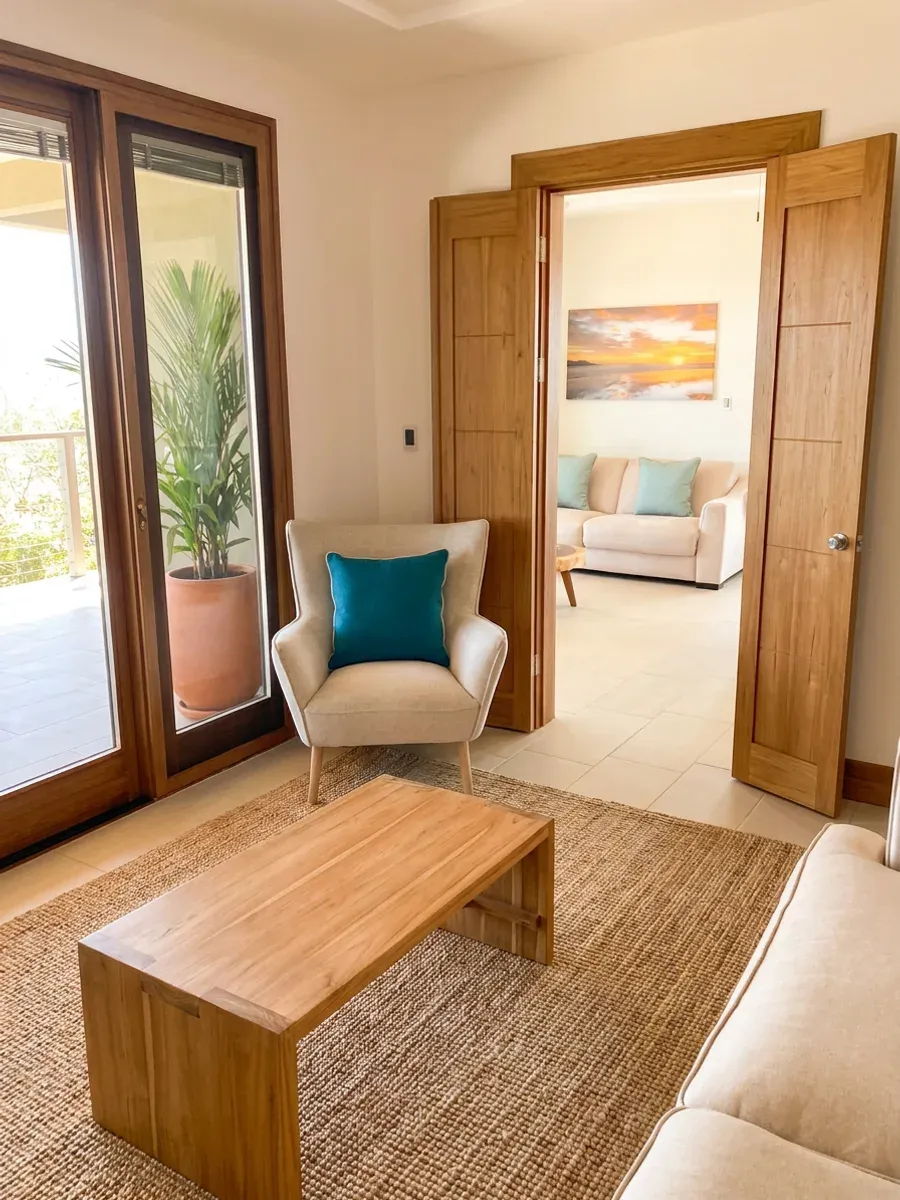 Sillón tapizado en tela clara con cojín turquesa, junto a una mesa de centro de teca y alfombra de fibra natural.